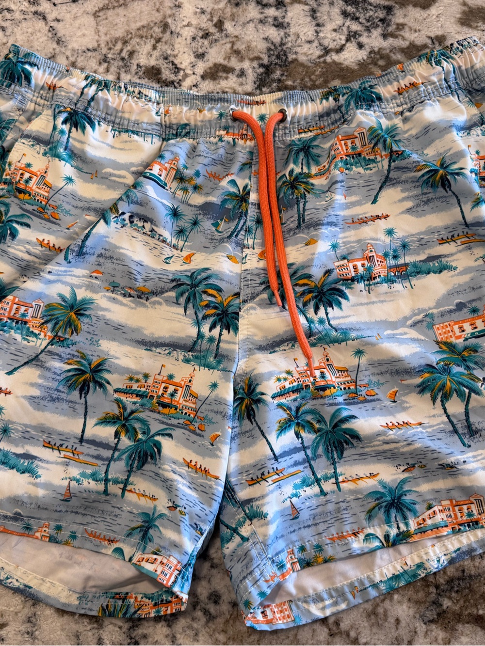 J. Crew Light Blue Tropical Print Swim Trunks with Orange Drawstring